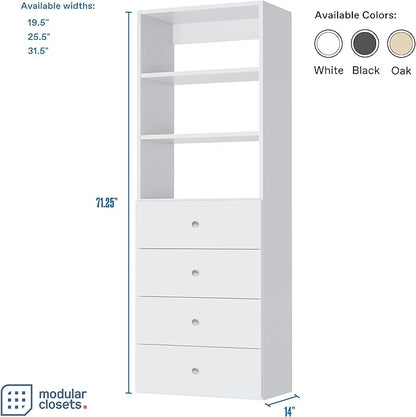 MC Modular Closets Closet Organizer - Tower with 4 Drawers, White, 19.5" W x 14" D x 71.25" H, 350 lb Capacity