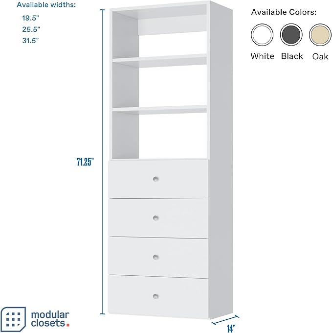 Modular Closet System Tower - With Drawers (4) - Corner Closet Organizer - White, 25.5 Inches Wide