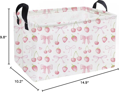 Essme Rectangular Kids Baskets,Girls Storage Basket Pink Bins with Handles for Strawberry Room Decor, Cherry Storage Bin（Strawberry）