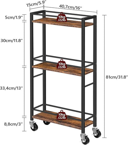 Slim Rolling Cart, Mobile Kitchen Cart on Wheels, Narrow Storage Cart for Small Space, Wooden Service Cart, for Bathroom, Laundry, Living Room, Rustic Brown RCHR1501Z