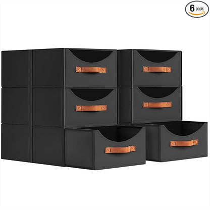 Stackable Storage Drawers - Large Collapsible Storage Bins with Drawers, 6 Pack Closet Shelf Organizer Basket, Fabric Pull Out Organizer for Bedroom, Living Room, Dorm, Black