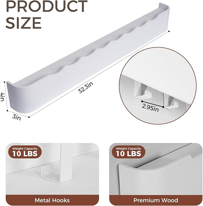 Wall Coat Rack Floating Shelves Modern Coat Rack Wall Mount with Storage Entryway Shelf Wooden Hanger 20 Inch 4 Hidden Metal Hooks for Living Room Bedroom (Wavy White, 8 Hooks)