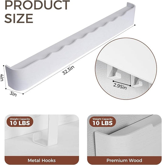 Wall Coat Rack Floating Shelves Modern Coat Rack Wall Mount with Storage Entryway Shelf Wooden Hanger 20 Inch 4 Hidden Metal Hooks for Living Room Bedroom (Wavy White, 8 Hooks)