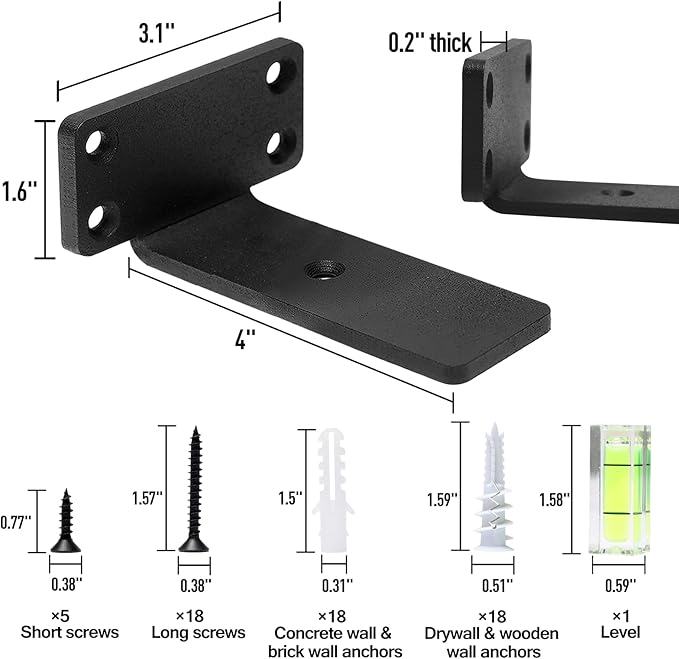HITOMEN Heavy Duty Floating Shelf Brackets, 4-Inch (1/5'' Thick) Hidden Shelves Hardware, Iron L Brackets, Rustic Industrial Black Metal Wall Shelving Supports, 4 Pack
