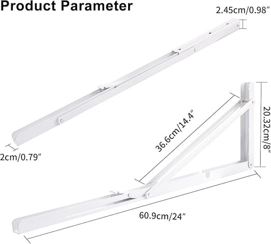 YUMORE 24 Inch Folding Shelf Brackets, Heavy Duty L Bracket, White DIY Collapsible Shelf Bracket for Workbench Folding Table Hinge, Max Load: 330lb, 2 Pack