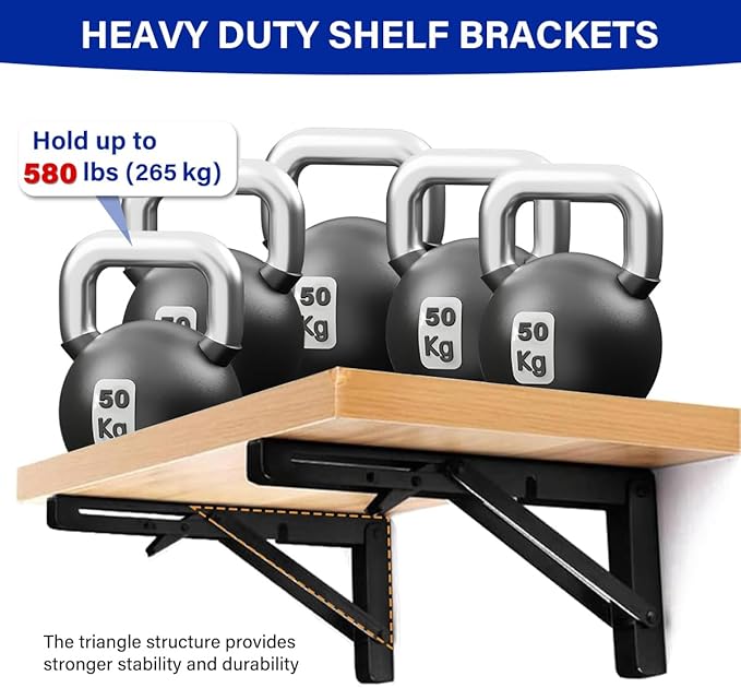 Folding Shelf Brackets Max. Load 580 lb, 10 Inch Black Collapsible Heavy Duty Brackets for Table Bench - Space Saving, 2 Pack