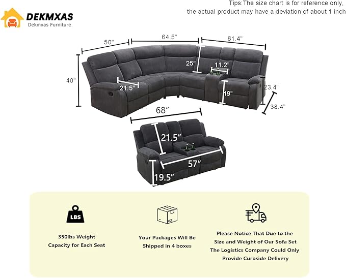 Reclining Sectional Sofa set and Loveseat, Living Room Furniture Sets, Dark Grey Recliner Sectional Sofa Couches Set with Drop-down Table, Cup Holders, Storage Console for Living Room, Bedroom
