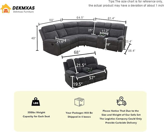 Reclining Sectional Sofa set and Loveseat, Living Room Furniture Sets, Dark Grey Recliner Sectional Sofa Couches Set with Drop-down Table, Cup Holders, Storage Console for Living Room, Bedroom