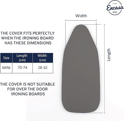 Encasa XO Mini Ironing Board Cover with Extra Thick Pad, Plain Colors, Elasticated, (Fits Standard Mini Boards of 28"x12") Heat Reflective - Grey