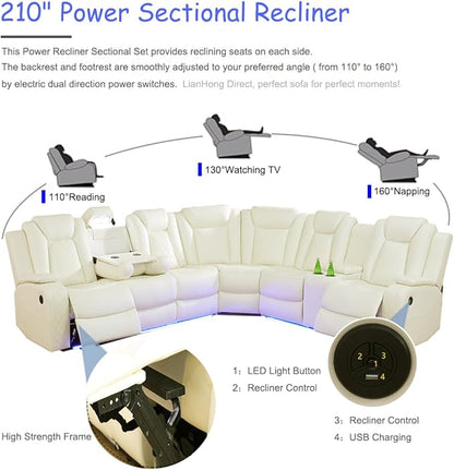 Power Recliner Sectional Sofa Couch and Loveseat, Power Sectional Sofa Sets, Power Recliner Set with LED, Living Room Furniture Sets with Adjustable Angle Chair, Arm Storage & Cup Holders