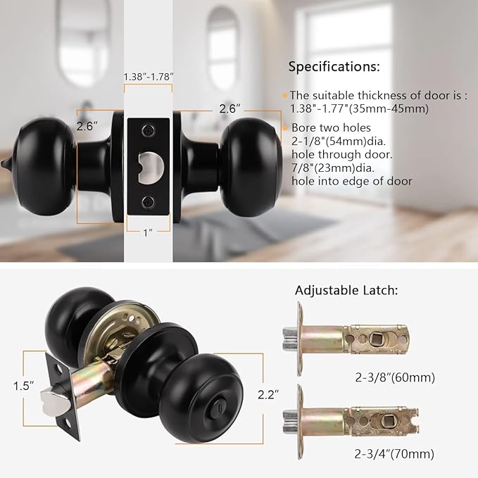 Probrico Black Door Knob 8 Pack, Interior Door Handles Black Finish, Round Knob Style, Privacy Knob for Bedroom Bathroom