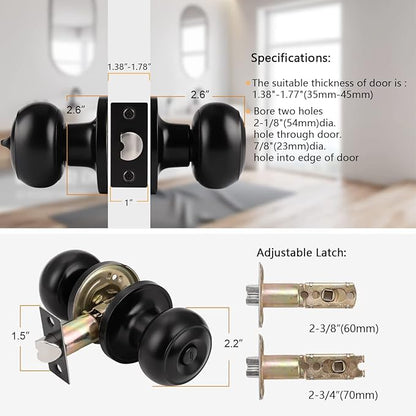 Probrico Black Door Knob 7 Pack, Interior Bedroom Doorknob with Lock, Keyless Door Handles with Inside Privacy Locking Function, Colonial Ball Knob, Universible Levers