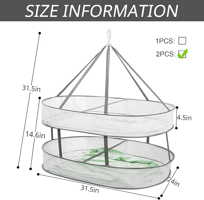 2 Tier Clothes Drying Rack Foldable, 31.5" Mesh Clothes Hanging Dryer, Space Saving Sweater Drying Rack, Laundry Rack,with Internal Fixation, for Clothes, Towels, Underwear, Indoor, Outdoor (2 Pcs)