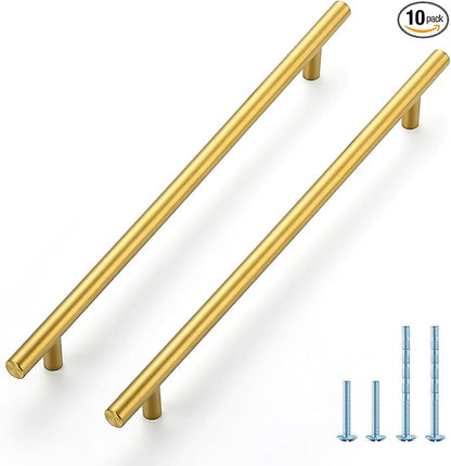JOY DECOR 10 Pack 12-1/2 Inch Cabinet Pulls Kitchen Cabinet Handles with 10 Inch Hole Center Brushed Brass Cabinet Hardware Stainless Steel Kitchen Drawer Pulls 256mm Hole Centers