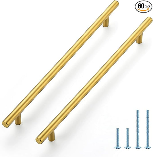 JOY DECOR 60 Pack 12-1/2 Inch Cabinet Pulls Kitchen Cabinet Handles with 10 Inch Hole Center Brushed Brass Cabinet Hardware Stainless Steel Kitchen Drawer Pulls 256mm Hole Centers