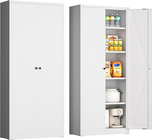 INTERGRAET 63" H Pantry Cabinet, Kitchen Pantry Storage Cabinets with 2 Doors and 4 Shelves, Metal Storage Cabinet,Cupboard for Home,Kitchen,Living Room/Dining, White