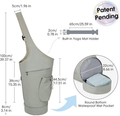 sportsnew Yoga Mat Bag, Large Opening Long Tote Yoga Mat Carrier Holder Bag with Waterproof Wet Pocket and Drawstring Water Bottle Pocket, Adjustable Shoulder Strap Storage Bag, patent pending