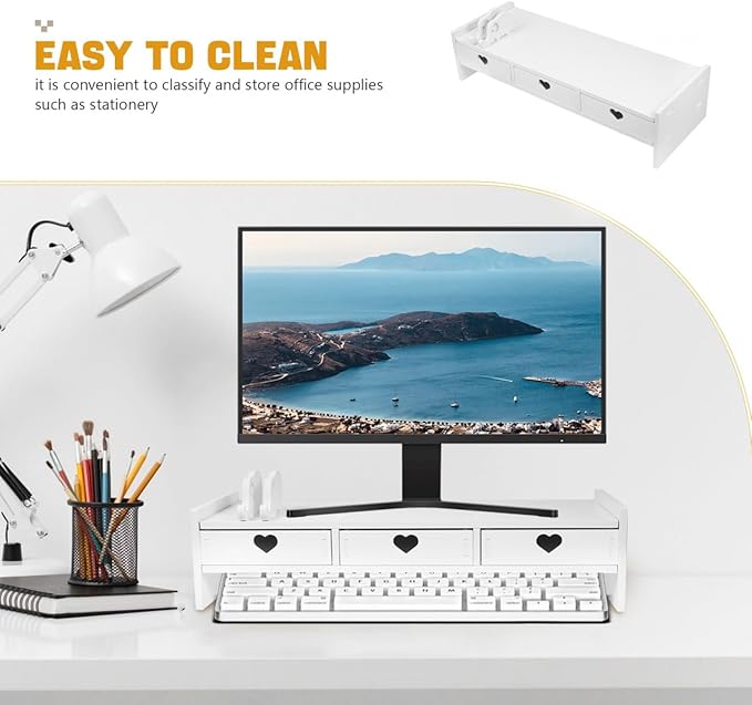 Tofficu Computer Desk Stand with Drawer, Desktop Monitor Riser with Storage, Laptop Shelf Shelves Organizer for Keyboard Storage (White)