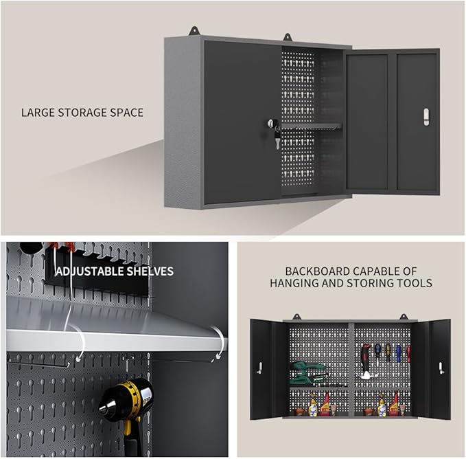 JZD Steel Hanging Upper Garage Cabinets with 22 Tool Hooks, Wall Cabinet for Tool Organization, Black & Grey