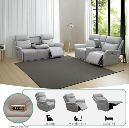 Power Recliner Sofa Set, Living Room Furniture Set, 2-Piece Sliver Grey Breathing Leather Reclining Sofa Loveseat with LED Light/Cup Holder/Storage Console/Drop-Down Table for Apartment/Office