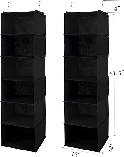 6 Shelves Hanging Closet Organizer, 2 Pack Hanging Storage with 4 Side Pockets for Clothes Shoes, 43.5"x12"x12"(Black)