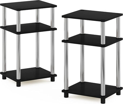 Furinno JUST Side Table Set of 2, 3-Tier End Tables, Open Shelves Night Stand, Nightstand, Toolless Assembly, for Living Room, Bedroom, Americano/Stainless Steel