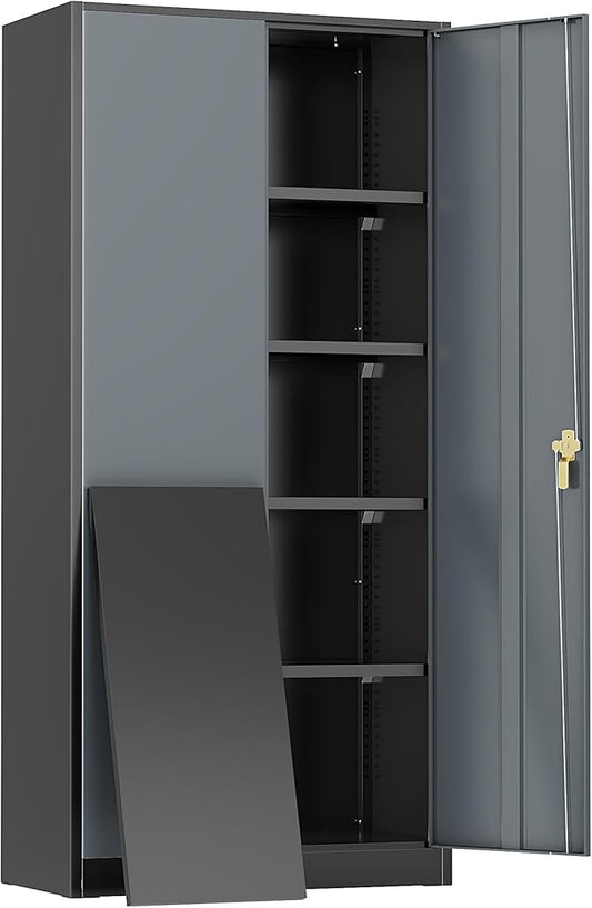 Greenvelly Metal Storage Cabinet, 72" Locking Metal Garage Storage Cabinet with Doors and 4 Adjustable Shelves, Lockable Steel Cabinet for Home Office, Garage, Shop, School (Black Grey 36" W x 18" D)