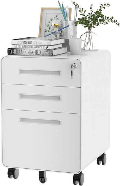 FLEXISPOT Mobile File Cabinet for Home Office 3 Drawer File Cabinet Under Desk Storage Filing Cabinet for Legal/Letter/A4 File,Round Corner Design,White