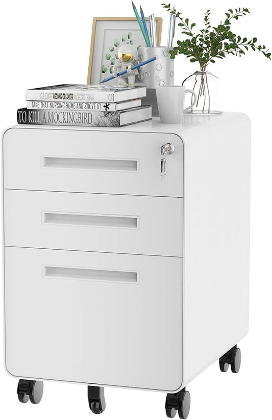 FLEXISPOT Mobile File Cabinet for Home Office 3 Drawer File Cabinet Under Desk Storage Filing Cabinet for Legal/Letter/A4 File,Round Corner Design,White