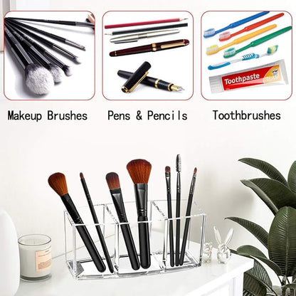 Acrylic Makeup Brush Organizer Holder Clear Cosmetic Brushes Storage with 3 Slots