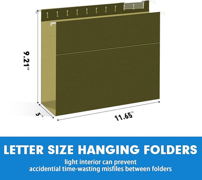 Extra Capacity Hanging File Folders, RAZCC 30 Pack Letter Size Reinforced Hanging Folders with Heavy Duty 3 Inch Expansion for Bulky Files, Filing Cabinet, Adjustable Tabs, Green