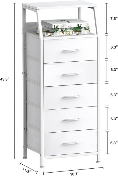 Ollieroo White Dresser for Bedroom, Storage Organizer with 5 Drawers, Vertical Fabric Storage Tower, Nightstand Bedside Table, Sturdy Steel Frame & Wooden Top