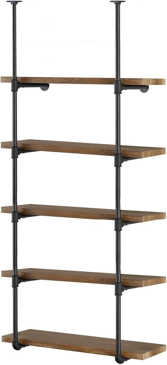 Yuanshikj 2Pc (70" Tall 12" deep 3/4") Industrial Wall Mount Iron Pipe Shelf Shelves Shelving Bracket Vintage Retro Black DIY Open Bookshelf Storage Home Kitchen (2 Pcs 5Tier Hardware only)