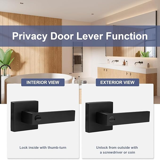 Estmoon 6 Pack Matte Black Door Handle, Keyless Interior Door Knobs Square Privacy Door Levers Heavy Duty Door Locks for Bedroom Bathroom, Reversible Interior Handles for Left & Right Handled Doors