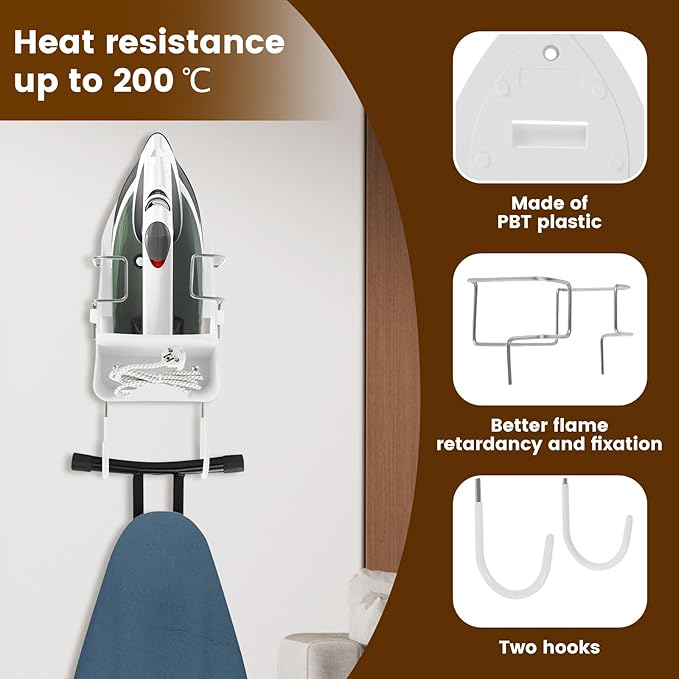 Iron Board Hanger Wall Mounted, Iron and Ironing Board Storage Organizer, Iron Hanger with Ironing Board Rack, Iron Board Holder, Electric Iron Holder for Home Bathroom (White)