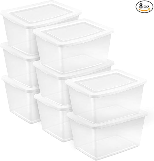 Sterilite 8-Pack Storage Box, Clear Plastic Storage Container Bins with Lids, 58 Quart - Heavy-Duty Organizing Containers for Closet, Bathroom, and Office
