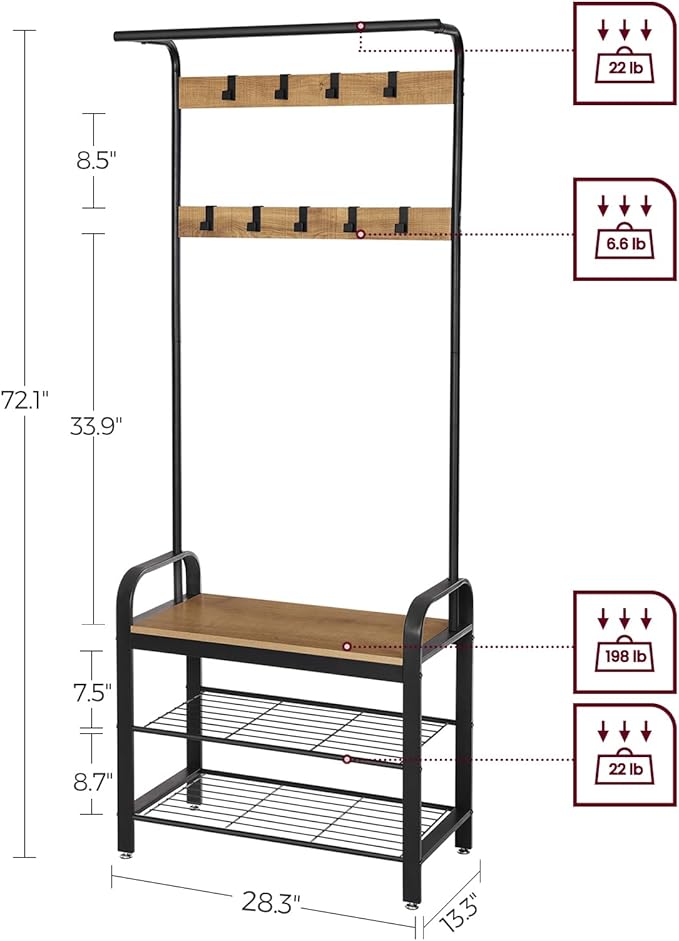 VASAGLE Coat Rack, Hall Tree with Shoe Bench for Entryway, Entryway Bench with Coat Rack, 4-in-1, with 9 Removable Hooks, a Hanging Rod, 13.3 x 28.3 x 72.1 Inches, Honey Brown and Black UHSR040B05