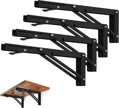 Storystore Folding Shelf Brackets - 16 Inch Heavy Duty Metal Collapsible Shelf Bracket for Bench Table, Shelf Hinge Wall Mounted Space Saving DIY Bracket, Max Load: 150 lb (4 PCS, Black)