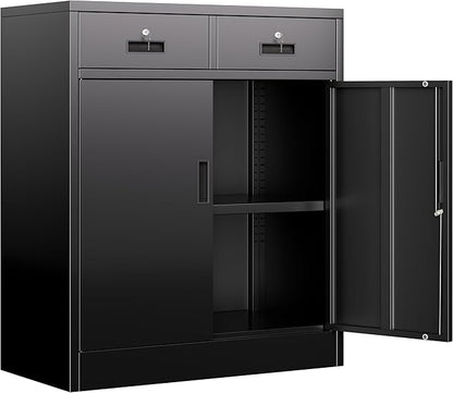 BESFUR Metal Garage Storage Cabinet with Two Lockable Drawers 2 Locking Doors and an Adjustable Shelf, 36" Black Metal Short Storage Cabinet for Home Office,Garage,School,Utility Room
