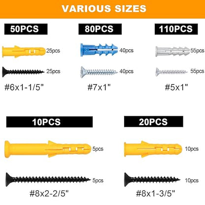KURUI 270Pcs Wall Anchors Kit for Home Improvement and Decor, Replace Picture Hanging Nails with Drywall Anchors for Frame Canvas, Picture Hangers and Screws Assortment Kit, Concrete & Dry Wall