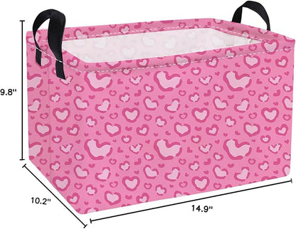 Essme Rectangular Valentine's Day Basket,Pink Heart Storage Bins Organizer with Handles for Girls Room Decor, Gift Basket,Shelf Basket.(Leopard print heart)