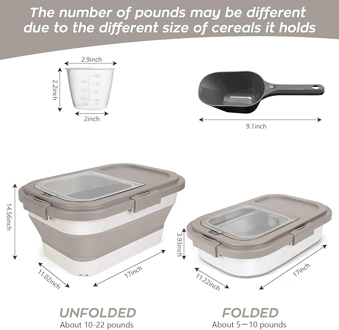 Dog Food Storage Container 10-13lb, Collapsible Pet Food Container with Airtight Lid, Plastic Cat Food Containers Dry Food with Dog Food Scoop and Measuring Cup (Khaki)