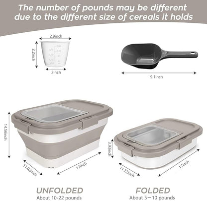 Dog Food Storage Container 10-13lb, Collapsible Pet Food Container with Airtight Lid, Plastic Cat Food Containers Dry Food with Dog Food Scoop and Measuring Cup (Khaki)