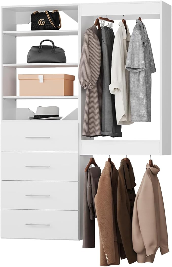 ROOMTEC Modular Closet System, 40" Wall-Mounted Closet Organizer with Drawers and Hanging Rods, Wooden Tower for Walk-In Closets, Wardrobe Storage Kit, White