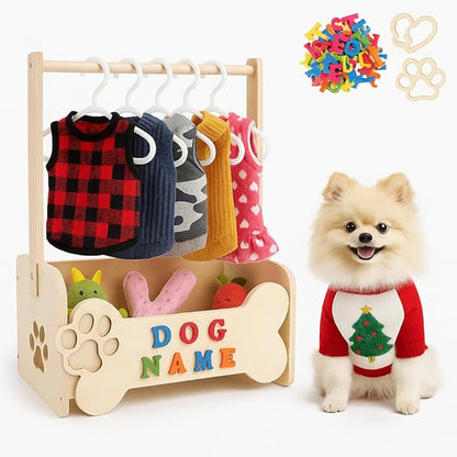 Wooden Dog Clothes Closet for Small Dogs, Pet Wardrobe with Hanging Rod & 10 Hangers, Clothing Rack & Toy Storage for Chihuahua Yorkie Pomeranian, DIY Name Plates, for Dog Moms