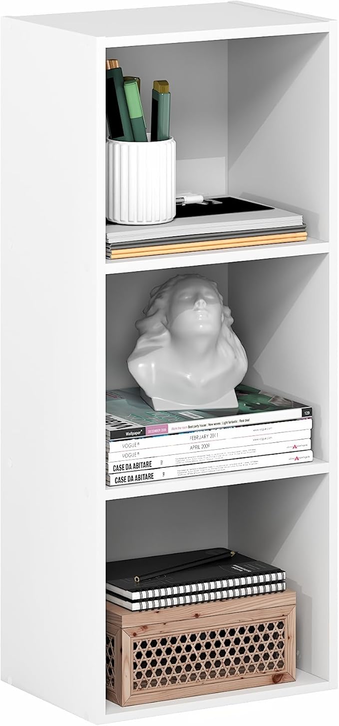 Furinno LUDER Book Shelf, 3-Cube Bookshelf, Bookcase with Open Shelves, 9.3 x 12 x 31.5, for Living Room, Bedroom, Home Office, White