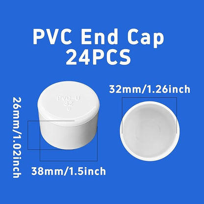 24PCS 1 Inch PVC End Caps(Not SCH40), White Furniture Grade Socket Plugs Adapter, PVC Pipe Fitting Covers for Greenhouse Frames & Shelving Systems(32mm Inner Diameter)