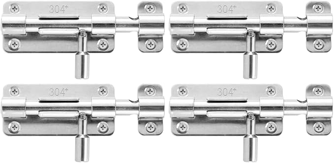 JQK Door Security Slide Latch Lock Barrel Bolt, 304 Stainless Steel Sliding Gate Latches Thickened 1.4mm with Padlock Hole, Silver, 4 Pack HBB120-P4
