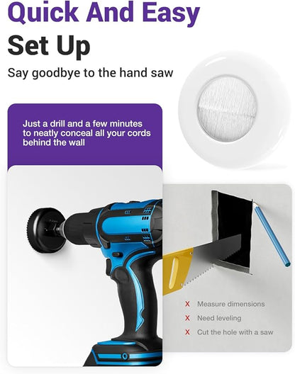 VCELINK Brush 3.79" (96 mm) in Wall Cable Management Kit, Cord Hider for Low Voltage Cables Pass Through, Includes Hole Saw Drill Attachment and Mounting Brackets for Easy Install, 2-Pack