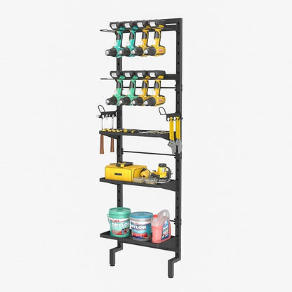 Bukfen Garage Tool Storage Rack, Wall Mount 5-Tier Heavy Duty Metal Organizer with 8 Drill Holder Slots, Adjustable Shelves, Side Hooks Workshop Utility 1 Pack Black Vertical Space-Saving Organization
